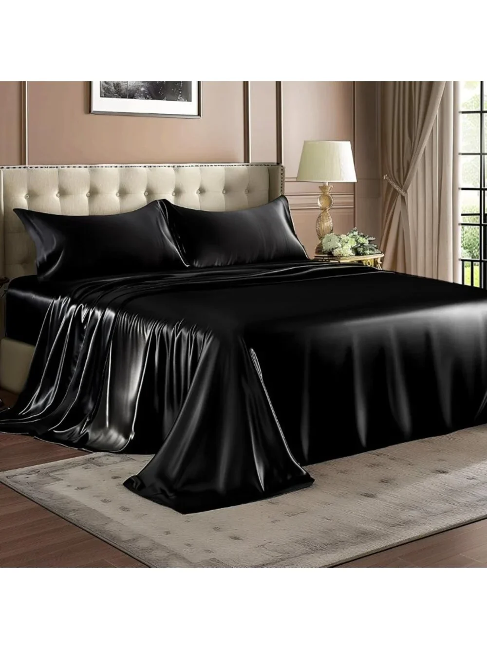 Luxury Black Satin King Size Sheet Set - Soft, Silky, Deep Pocket, 4 Pieces
